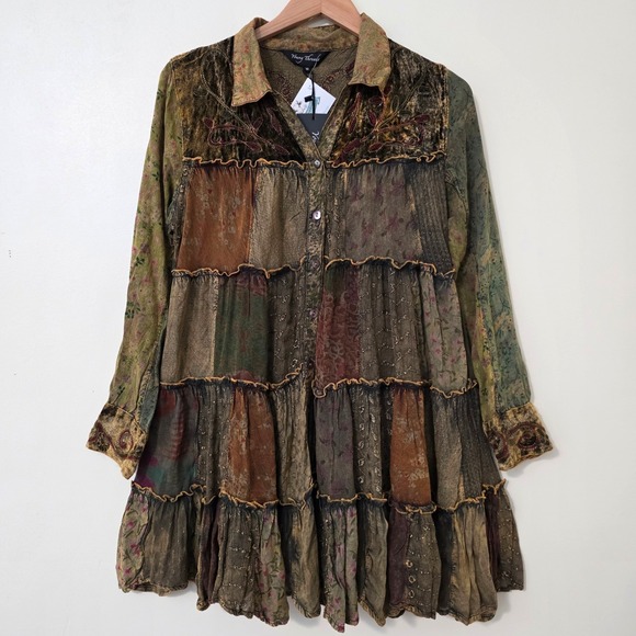 Young Threads Dresses & Skirts - Young Threads Whimsigoth Embroidered Patchwork Shirt Dress Sz M Velvet Grunge